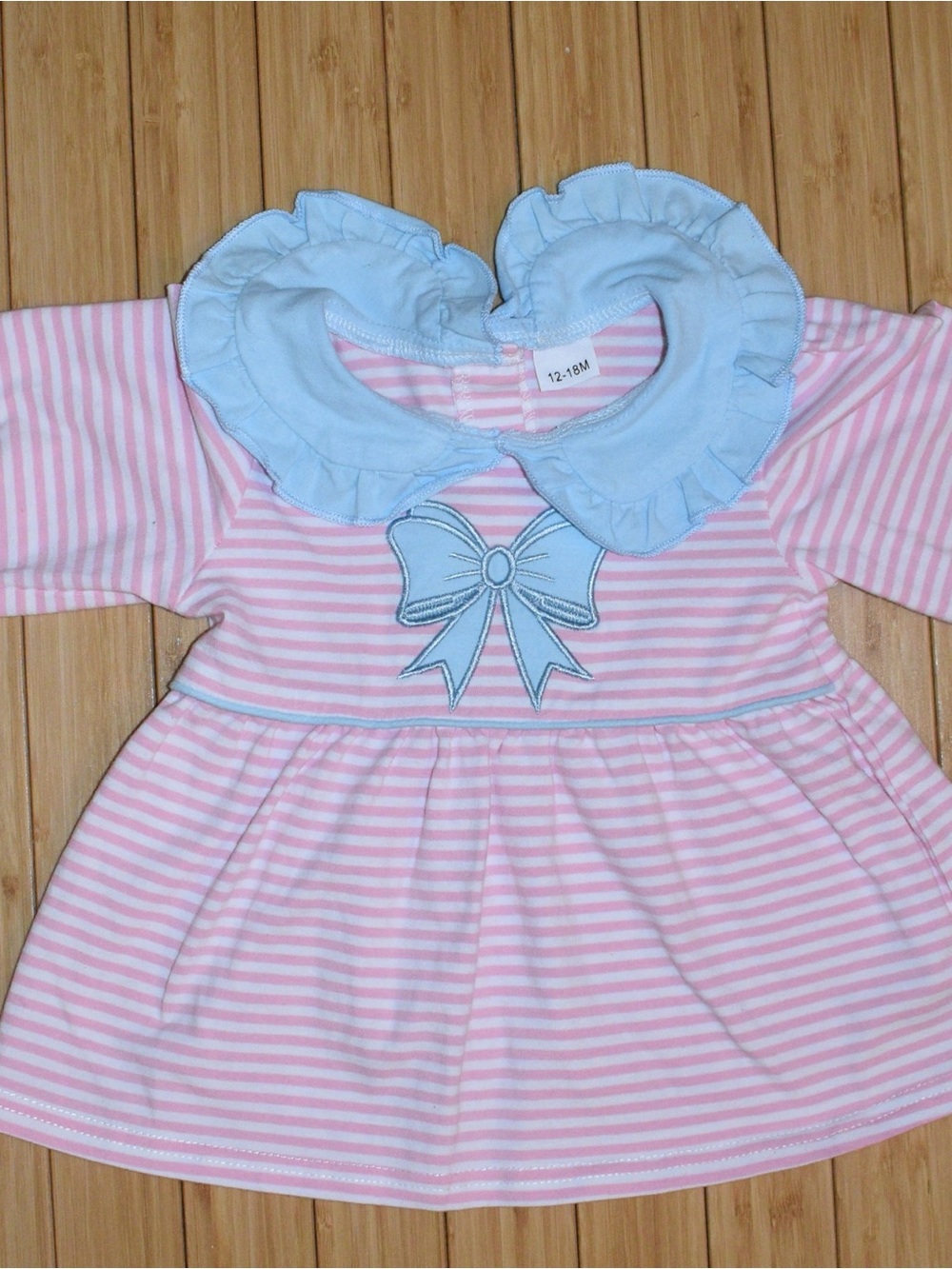 12-18 month Pink & White Striped Baby Dress with Light Blue Collar & Ruffled Bow